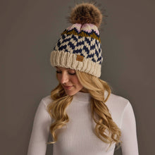 Load image into Gallery viewer, Beige, Navy & Lt. Pink Patterned Pom Hat