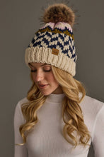Load image into Gallery viewer, Beige, Navy & Lt. Pink Patterned Pom Hat