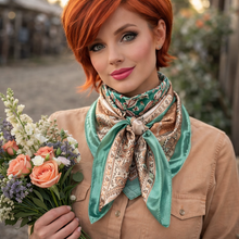 Load image into Gallery viewer, Teal, Brown and Tan Floral Wild Rag