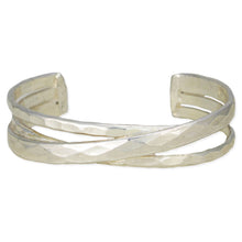 Load image into Gallery viewer, Silver Crossed Lines Hammered Cuff Bracelet