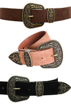Load image into Gallery viewer, Suede Antique Gold Western Buckle Belt