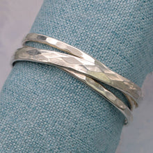 Load image into Gallery viewer, Silver Crossed Lines Hammered Cuff Bracelet