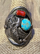 Load image into Gallery viewer, Vintage Eagle Turquoise and Red Coral Eagle Ring
