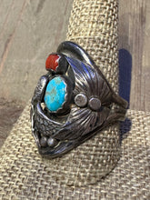 Load image into Gallery viewer, Vintage Eagle Turquoise and Red Coral Eagle Ring