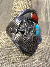 Load image into Gallery viewer, Vintage Eagle Turquoise and Red Coral Eagle Ring