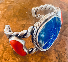 Load image into Gallery viewer, Navajo Lapis Lazuli and Coral Cuff