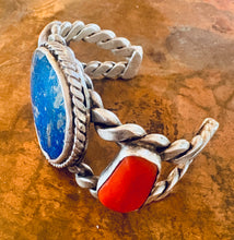 Load image into Gallery viewer, Navajo Lapis Lazuli and Coral Cuff
