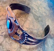 Load image into Gallery viewer, Fred Harvey Inspired Copper Arrowhead Cuff Bracelet with Turquoise Accent