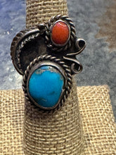 Load image into Gallery viewer, Vintage Turquoise and Red Coral Ring