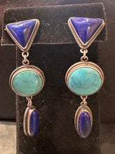 Load image into Gallery viewer, Vintage Sterling Lapis and Turquoise Dangle Earrings