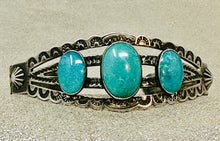 Load image into Gallery viewer, Fred Harvey Era Silver Cuff with 3 oval Turquoise Stones, Repousse' and Stampwork