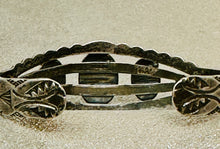 Load image into Gallery viewer, Fred Harvey Era Silver Cuff with 3 oval Turquoise Stones, Repousse' and Stampwork