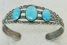 Load image into Gallery viewer, Fred Harvey Era Silver Cuff with 3 oval Turquoise Stones, Repousse' and Stampwork