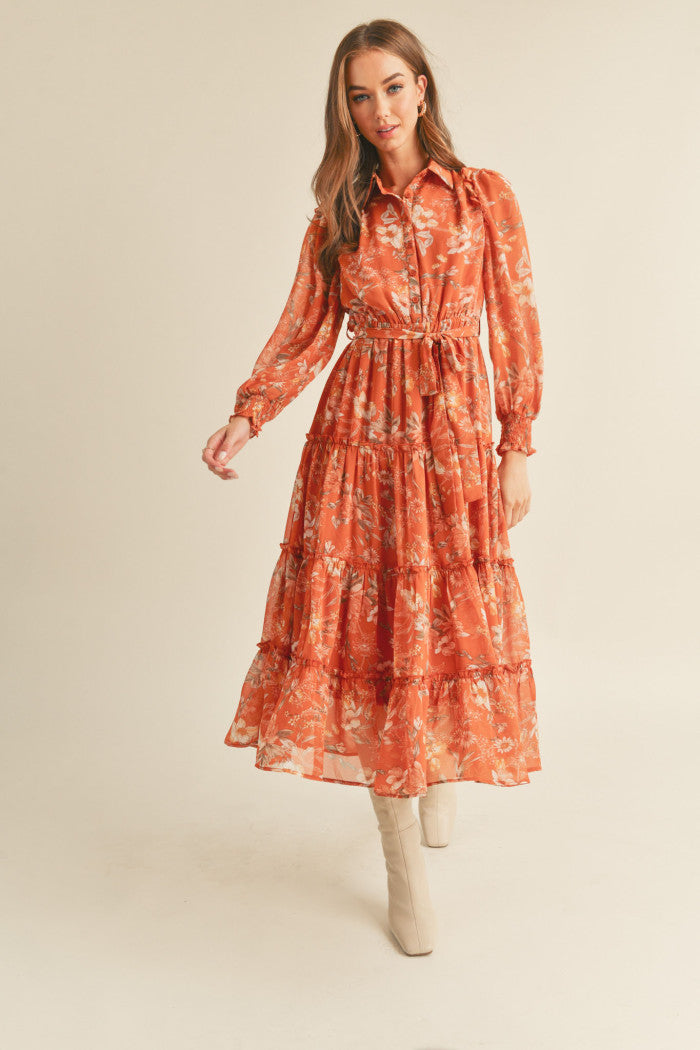 chinese dress ladies Allegra K Women's Fall Long Sleeve Dress Crewneck Casual Tiered Midi Dress  with Pockets X-Small Rust at Amazon Women's Clothing store