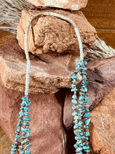 Load image into Gallery viewer, Santo Domingo Triple Strand turquoise nugget and heishi necklace with matching jaclas