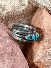 Load image into Gallery viewer, Vintage Navajo Indian Sterling Silver Cuff with 9 Turquoise Stones