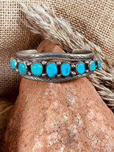 Load image into Gallery viewer, Vintage Navajo Indian Sterling Silver Cuff with 9 Turquoise Stones
