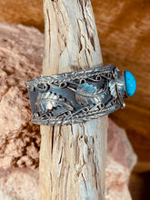 Load image into Gallery viewer, Navajo Indian Sterling Silver cuff bracelet with blue Turquoise Stone