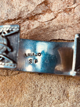 Load image into Gallery viewer, Navajo Indian Sterling Silver cuff bracelet with blue Turquoise Stone
