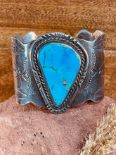 Load image into Gallery viewer, Navajo large heavy-gauge oxidized sterling silver cuff bracelet featuring large Turquoise stone
