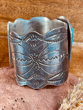 Load image into Gallery viewer, Navajo large heavy-gauge oxidized sterling silver cuff bracelet featuring large Turquoise stone