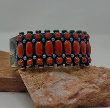 Load image into Gallery viewer, Silver Cuff with 27 Coral Stones and stampwork