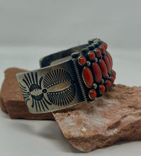 Load image into Gallery viewer, Silver Cuff with 27 Coral Stones and stampwork