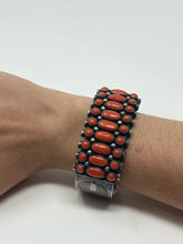 Load image into Gallery viewer, Silver Cuff with 27 Coral Stones and stampwork
