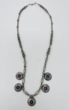 Load image into Gallery viewer, Vintage Navajo Pearl Necklace with 5 Coral Snake Eyes Shadow Box Pendants