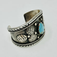 Load image into Gallery viewer, Navajo Cuff with Turquoise Cabochon and Stamped Leaf Embellishment