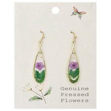Load image into Gallery viewer, Purple Flower Gold Teardrop Dried Flower Earrings
