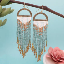 Load image into Gallery viewer, Gold Mint Beaded Fringe Half Circle Earrings

