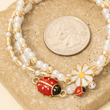 Load image into Gallery viewer, Flower And Ladybug Pearl Beaded Bracelet Set
