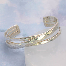 Load image into Gallery viewer, Silver Crossed Lines Hammered Cuff Bracelet

