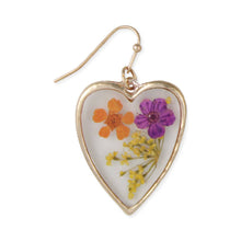 Load image into Gallery viewer, Purple Orange Dried Flower Gold Heart Earrings
