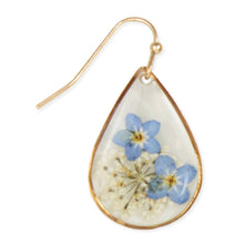 Load image into Gallery viewer, Cottage Blue Dried Flower Gold Teardrop Earrings
