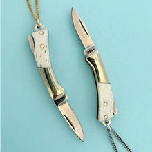 Load image into Gallery viewer, Curvilinear Bone Lockback Knife on Silver Chain Necklace-32"
