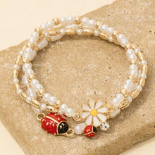 Load image into Gallery viewer, Flower And Ladybug Pearl Beaded Bracelet Set
