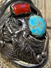 Load image into Gallery viewer, Vintage Eagle Turquoise and Red Coral Eagle Ring
