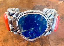 Load image into Gallery viewer, Navajo Lapis Lazuli and Coral Cuff
