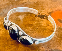 Load image into Gallery viewer, Vintage Navajo Sterling Silver &amp; Black Onyx Three-Stone Cuff Bracelet
