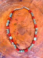 Load image into Gallery viewer, Vintage Navajo Turquoise and Red Coral Nugget Necklace
