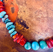 Load image into Gallery viewer, Vintage Navajo Turquoise and Red Coral Nugget Necklace
