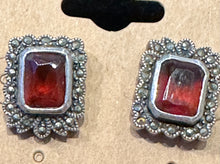 Load image into Gallery viewer, Ruby Color Earrings w/ marcasite accents
