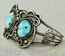 Load image into Gallery viewer, Vintage Silver Cuff w 2 Turquoise Stones
