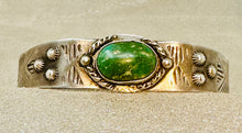 Load image into Gallery viewer, Fred Harvey Era Silver Cuff w Turquoise Stone, Repousse' and Stampwork
