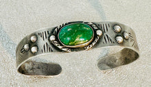 Load image into Gallery viewer, Fred Harvey Era Silver Cuff w Turquoise Stone, Repousse' and Stampwork
