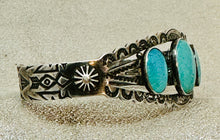 Load image into Gallery viewer, Fred Harvey Era Silver Cuff with 3 oval Turquoise Stones, Repousse' and Stampwork
