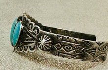 Load image into Gallery viewer, Fred Harvey Era Silver Cuff with 3 oval Turquoise Stones, Repousse' and Stampwork
