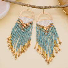 Load image into Gallery viewer, Gold Mint Beaded Fringe Half Circle Earrings
